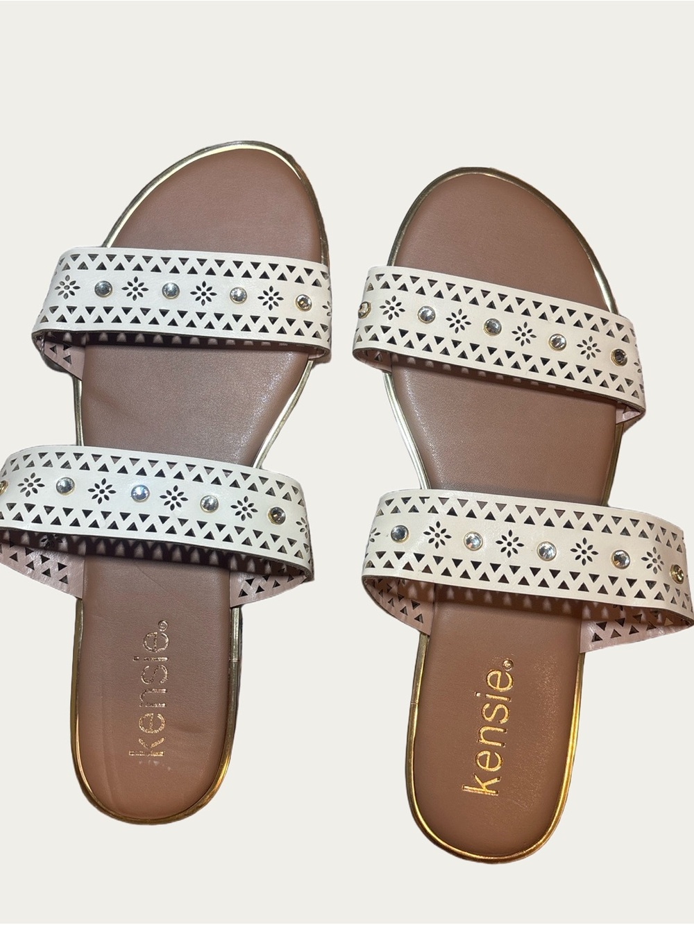Kensie White Double-Strap Slide Sandals with Gold Trim